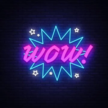 WOW neon sign vector. Comic speech bubble with expression text Wow, Design Illustrazione stock