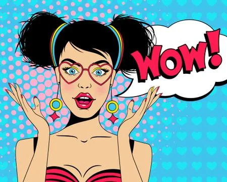 Wow pop art expression face. Sexy surprised brunette girl with open mouth. Stock Illustration
