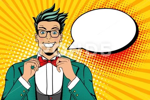 Wow Pop Art Face. A Man In A Suit And Glasses With Smile Corrects His Bow Tie.
