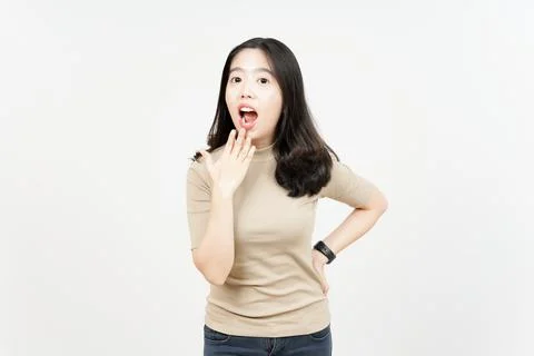Wow Shock Face Expression Of Beautiful Asian Woman Isolated On White Backgrou Stock Photos