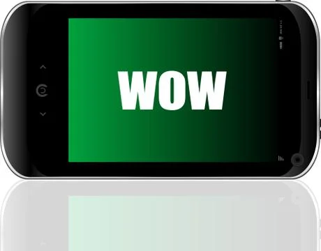 Wow text, global communication concept . Detailed modern smartphone Stock Illustration