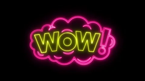 Wow text neon light sign glowing in speech cloud on black background. Stock Footage 345833432