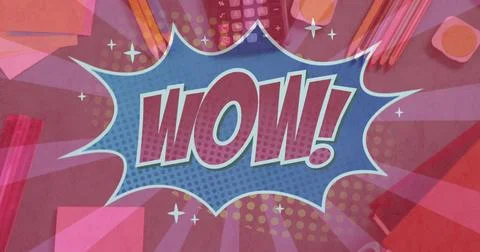 Wow! text in a retro bubble with school items on pink, vintage comic style. Stockfoto's