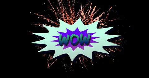Wow text on retro speech bubble against firework exploding on black background 스톡 일러스트