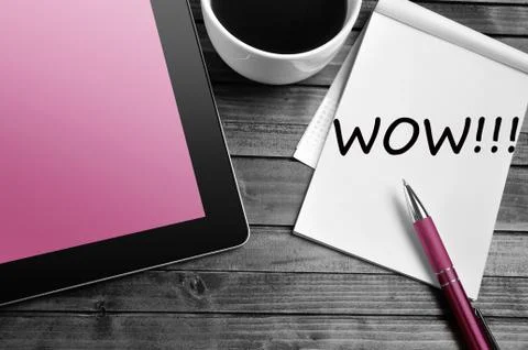 WOW word on notebook Stock Photos