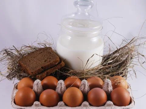 Wrap with fresh eggs milk bread  and hay Stock Photos