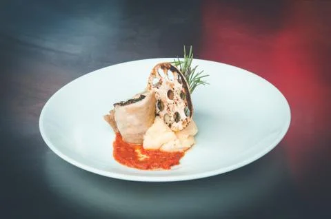 Wrap with vegetables,  mashed potatoes, and cracker with tomato sauce Stock Photos