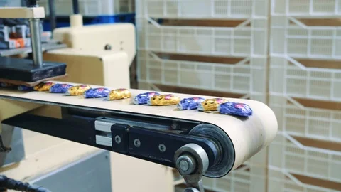 Wrapped candies lying on conveyor. Candy factory Stock Footage 98010804
