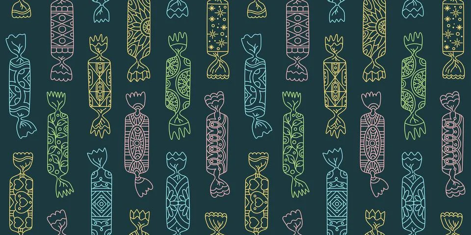 Wrapped candy seamless pattern bonbon lollipop with doodle ornament trendy Stock Illustration