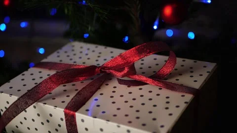 Wrapped Christmas gift in tree with bokeh lights Stock Footage 162398564