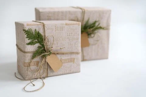 Wrapped gift box with empty paper tag Stock Photos