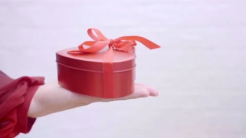 Wrapped gift box with red ribbon bow in female hand. Stock Footage 232345113