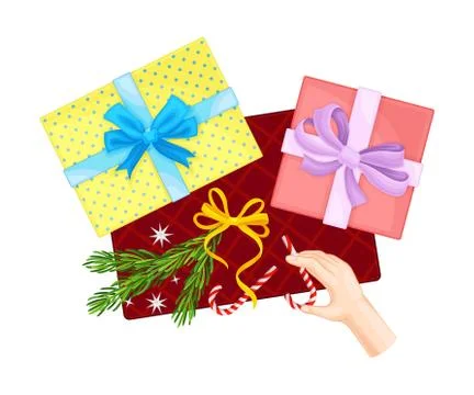 Wrapped Gift Boxes with Hand Holding Candy Stick Above View Vector Illustration Stock Illustration
