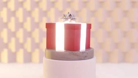 Wrapped gift on podium. Patterned background. Camera movement. Stock Footage 239016725