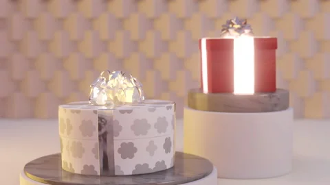 Wrapped gifts on podiums. Patterned background. Camera movement. Stock Footage 239016805