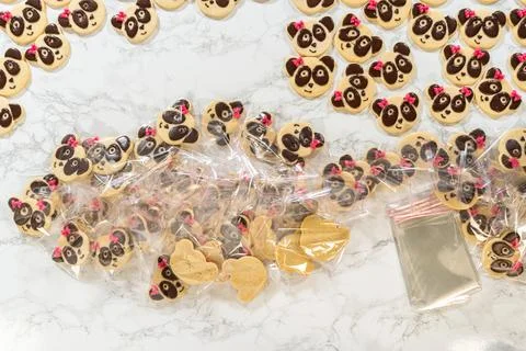 Wrapped panda cookies and plain cookies arranged together Stock Photos