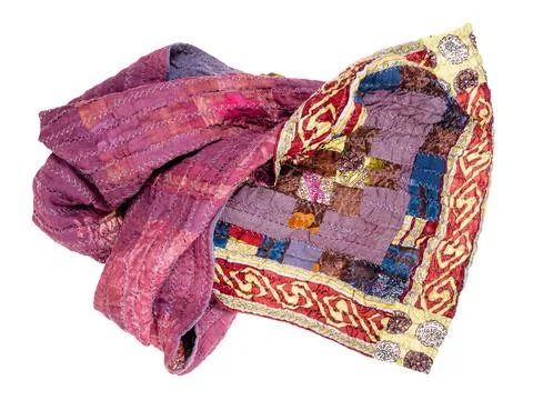 Wrapped patchwork scarf from purple silk fabrics Stock-Fotos