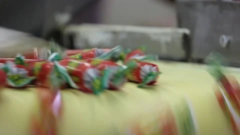 Wrapped in wrappers, the candy moves along the conveyor belt and falls. Stock Footage 128643175