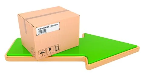 Wrapping and sending of parcel concept. Cardboard box with green arrow, 3D re Illustration
