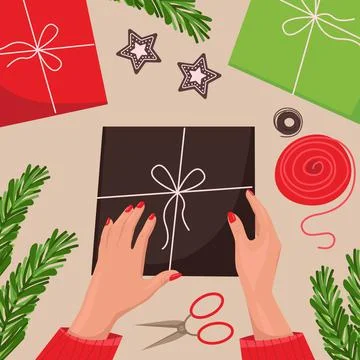 Wrapping gift boxes for Christmas and New Year holidays, top view, gingerbread Stock Illustration