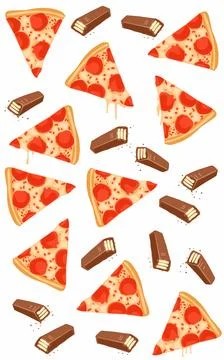 Wrapping paper pattern of slices of pizza and chocolate Wafer bars on white back Stock Illustration