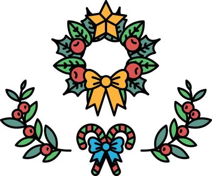 A wreath with a bow and a candy cane is shown 库存插图