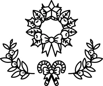 A wreath with a bow and a candy cane is shown 库存插图