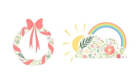 Wreath with Bow and Rainbow as Spring Symbol Decorated with Floral Pattern Illustrazione stock