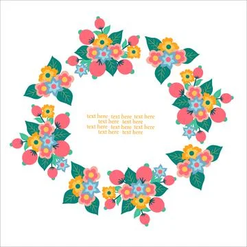 A wreath of bright spring flowers. Template for a greeting card. Stock Illustration