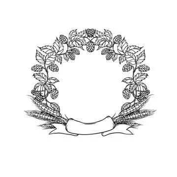 Wreath circle frame from ribbon, hops and ear wheat. Vector sketch black white Stock Illustration