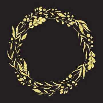 Wreath with collection floral design elements with golden glitter foil 库存插图