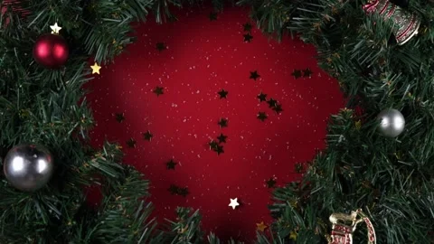 Wreath composition Christmas tree branches rotating on a red background Stock Footage 166320643