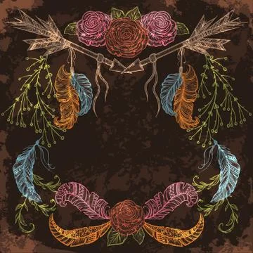 Wreath with feather, arrow, flower, leaf and branch in boho style. Stock Illustration