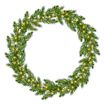 Wreath of fir tree branches with luminous garland Stock Illustration