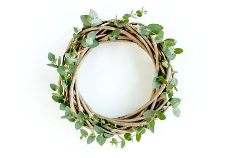 Wreath frame made of branches eucalyptus and leaves isolated on white background Stock Photos