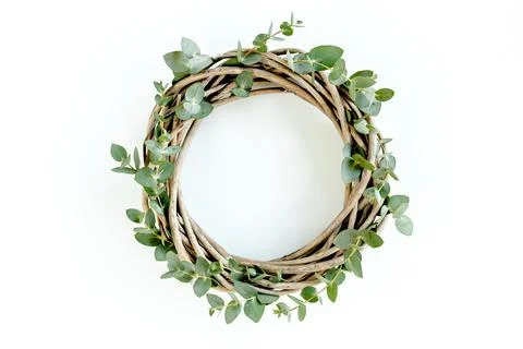 Wreath frame made of branches eucalyptus and leaves isolated on white background Stock Photos