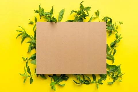 Wreath frame made of empty paper blank with space for text and mint leaves on Foto stock