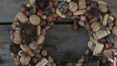 Wreath of nuts and wine corks. christmas wreath made of natural materials Stock-Footage 142853861