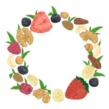 Wreath with nuts, berries and mint leaves on white background Stock Illustration