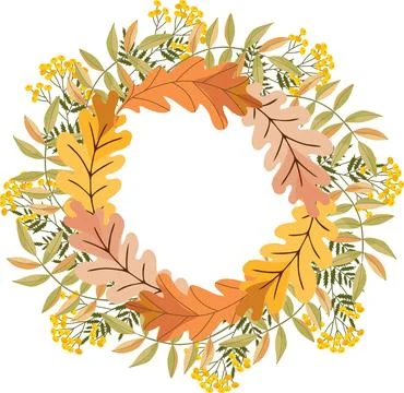 Wreath with oak leaves, rowan leaves and yellow tansy flowers Stock Illustration