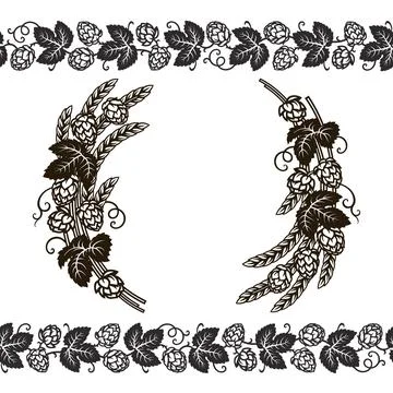 Wreath or frame of branches of hops, and beer hop seamless border. Set of Stock Illustration