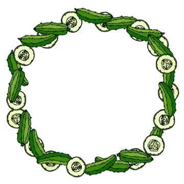 Wreath or Round Frame with Green Cucumbers or Gherkin, Cucumber Slices with S Stock Illustration