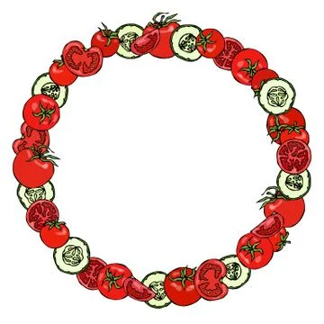 Wreath or Round Frame with Green Cucumber and Tomato Slices with Seeds. Ketch Stock Illustration