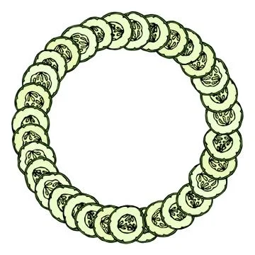 Wreath or Round Frame with Green Cucumbers or Gherkin Slices with Seeds Arran Stock Illustration
