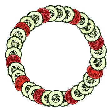 Wreath or Round Frame with Green Cucumbers and Tomato Slices with Seeds Arran Stock Illustration