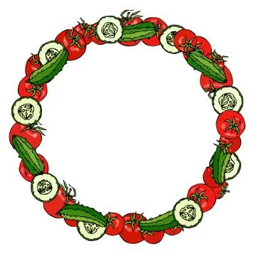 Wreath or Round Frame with Red Tomato and Green Cucumber or Gherkin and Cucum Stock Illustration