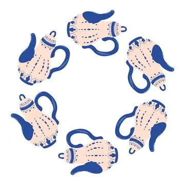 Wreath pattern of decorative blue teapot arranged in a ring on a white Stock Illustration