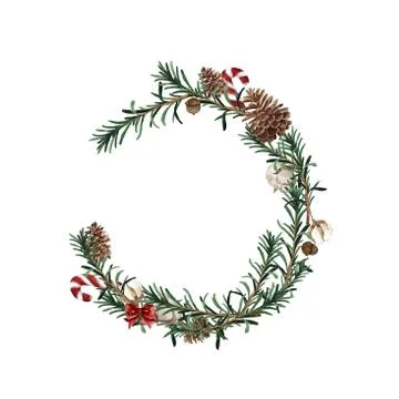 Wreath with pine branches and red berries, cotton and pine cones. Round frame Stock Illustration