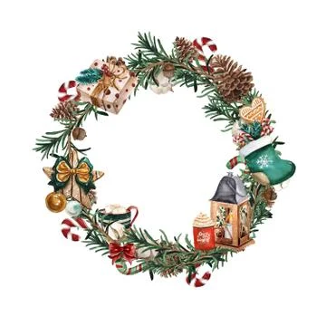 Wreath with pine branches and red berries, cotton and pine cones. Round frame Stock-Illustration