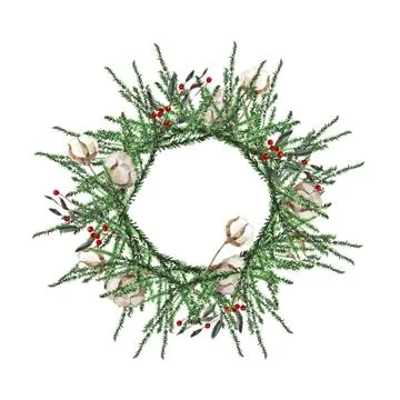 Wreath with pine branches and red berries, cotton and pine cones. Round frame Stock Illustration